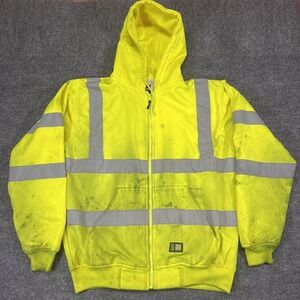 Berne Jacket Mens L Yellow Hi Vis Reflective Hooded Zip Front Construction